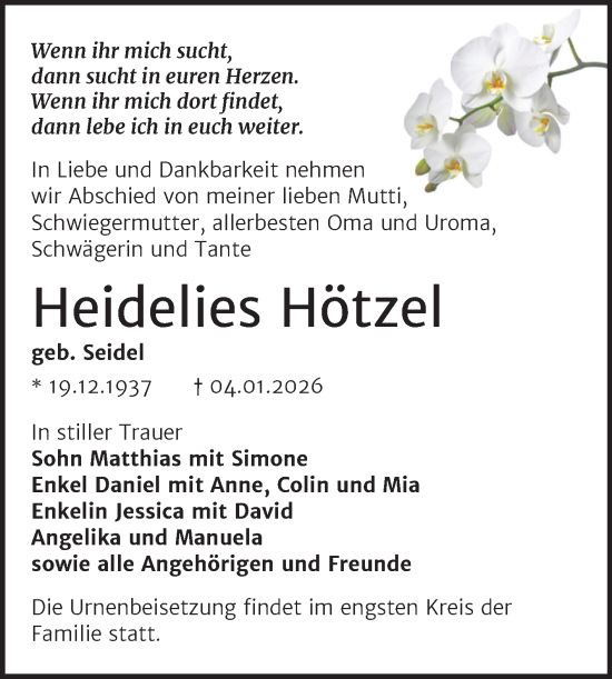 Traueranzeige von Heidelies Hötzel von Trauerkombi Wittenberg