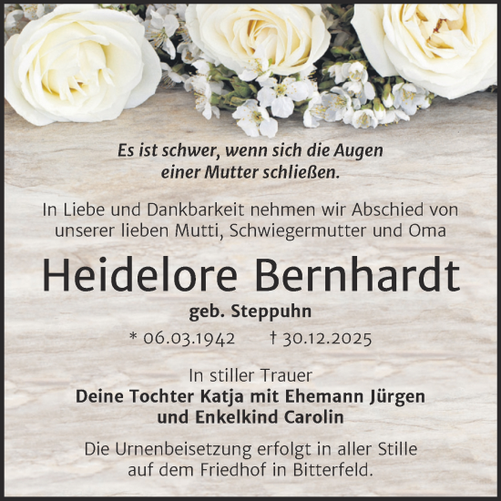 Traueranzeige von Heidelore Bernhardt von Trauerkombi Bitterfeld