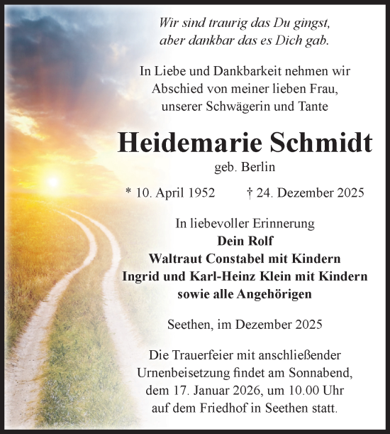 Traueranzeige von Heidemarie Schmidt von Volksstimme Altmark West