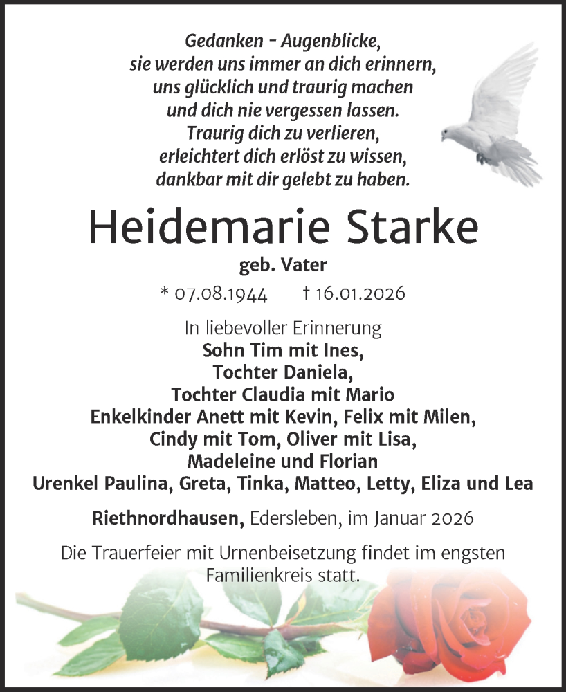  Traueranzeige für Heidemarie Starke vom 31.01.2026 aus Trauerkombi Sangerhausen