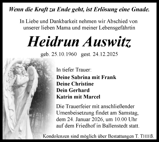 Traueranzeige von Heidrun Auswitz von Trauerkombi Quedlinburg