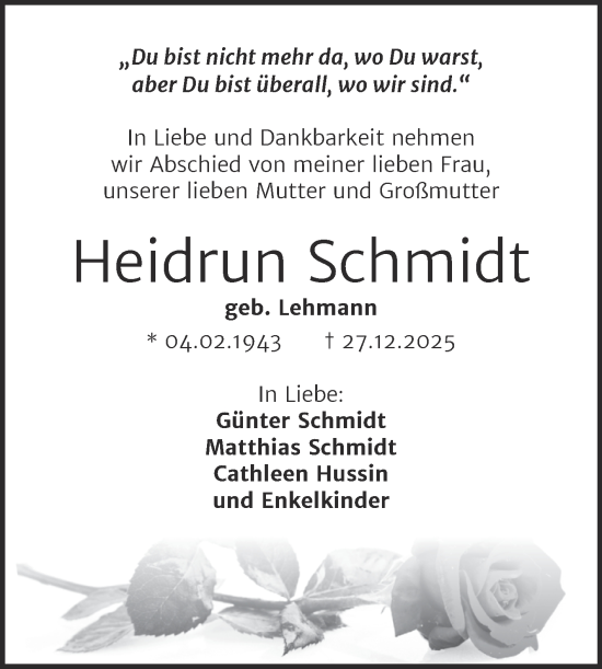 Traueranzeige von Heidrun Schmidt von Mitteldeutsche Zeitung Halle/Saalkreis