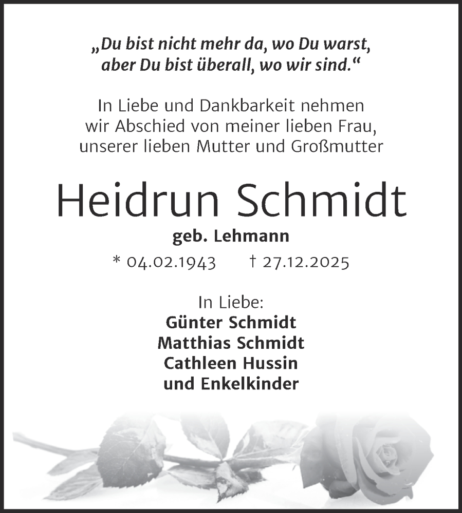  Traueranzeige für Heidrun Schmidt vom 31.01.2026 aus Mitteldeutsche Zeitung Halle/Saalkreis