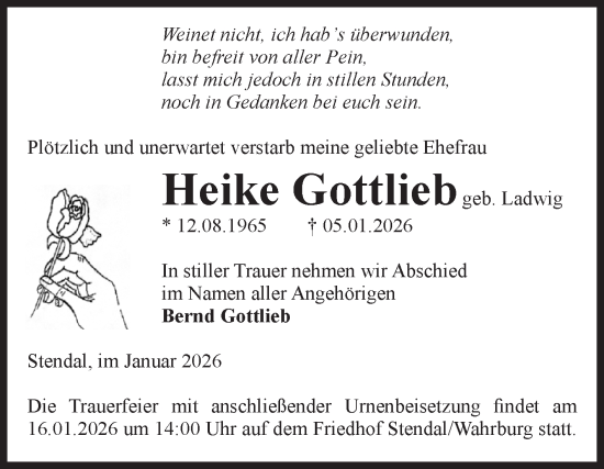 Traueranzeige von Heike Gottlieb von Volksstimme Altmark Ost