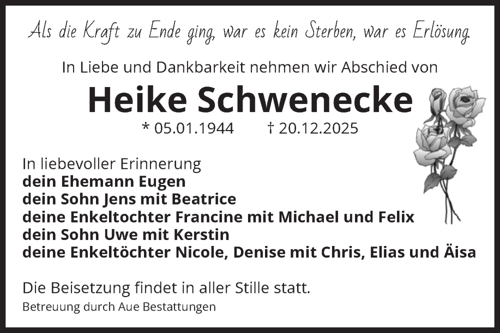  Traueranzeige für Heike Schwenecke vom 03.01.2026 aus Volksstimme Magdeburg