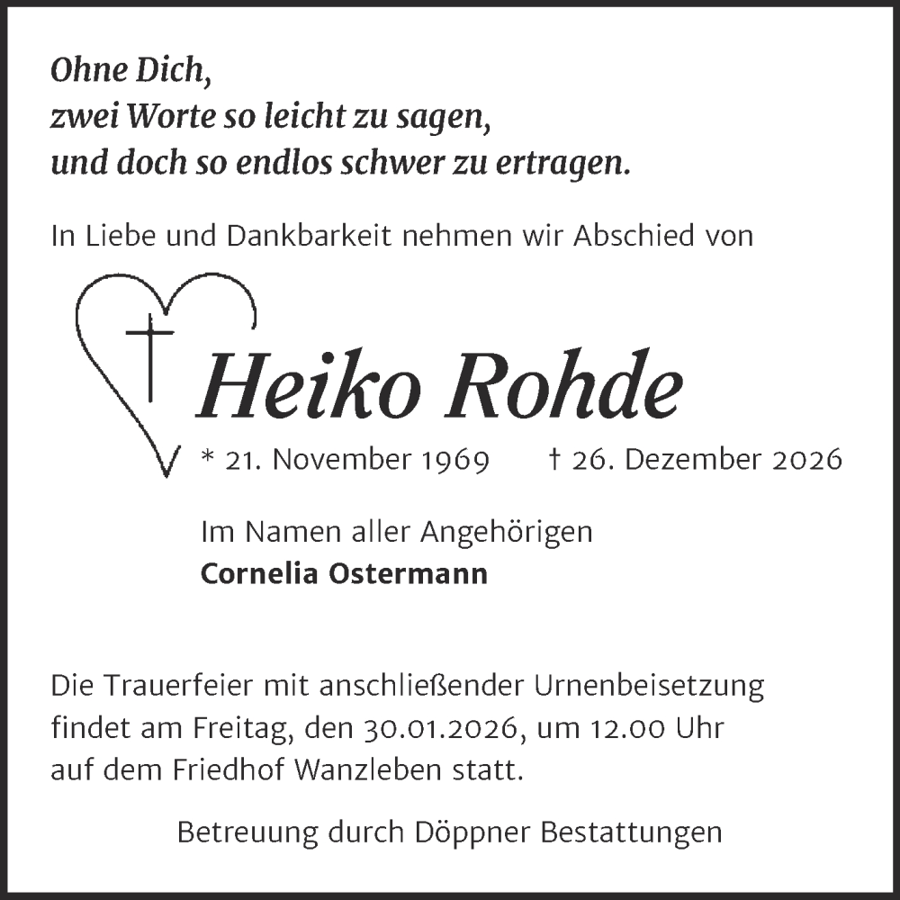  Traueranzeige für Heiko Rohde vom 17.01.2026 aus Trauerkombi Quedlinburg