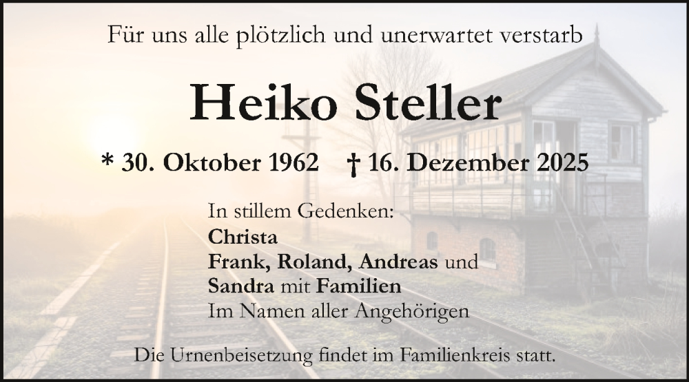  Traueranzeige für Heiko Steller vom 10.01.2026 aus Volksstimme Staßfurt