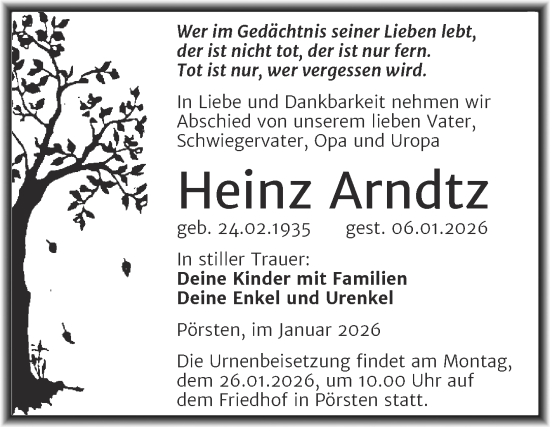 Traueranzeige von Heinz Arndtz von Trauerkombi Weißenfels