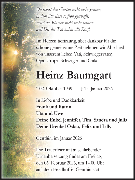 Traueranzeige von Heinz Baumgart von Volksstimme Burg/Genthin