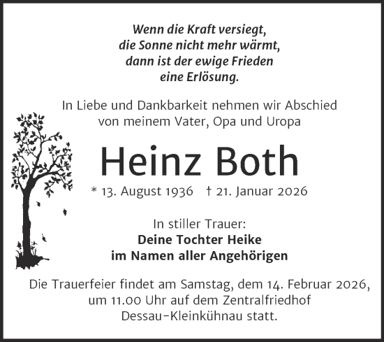 Traueranzeige von Heinz Both von Trauerkombi Dessau