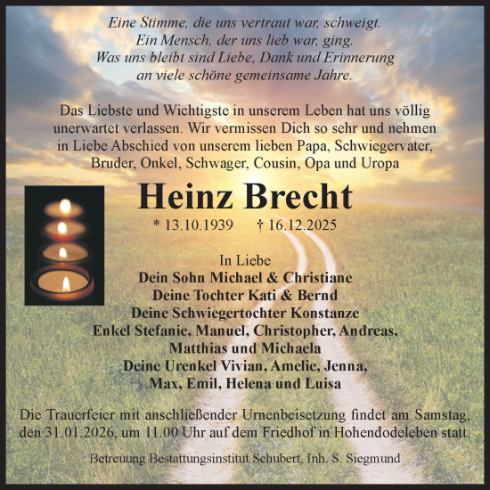 Traueranzeige von Heinz Brecht von Volksstimme Oschersleben/Wanzleben