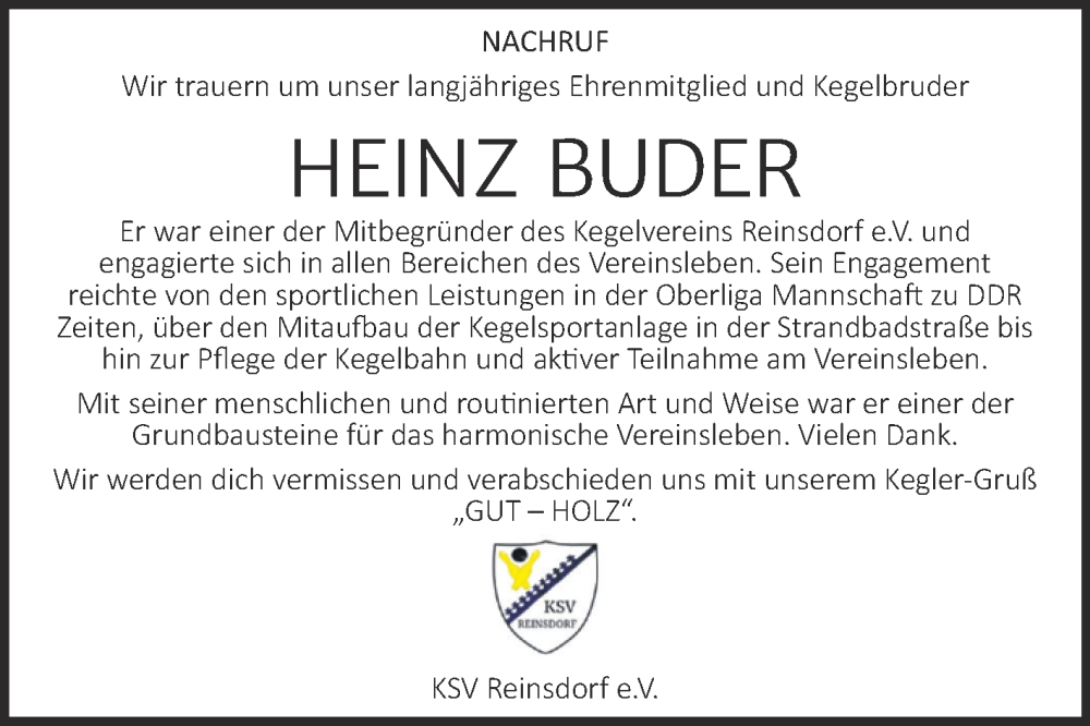  Traueranzeige für Heinz Buder vom 24.01.2026 aus Trauerkombi Wittenberg