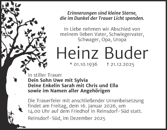 Traueranzeige von Heinz Buder von Trauerkombi Wittenberg