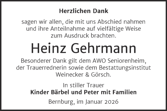 Traueranzeige von Heinz Gehrmann von Trauerkombi Bernburg