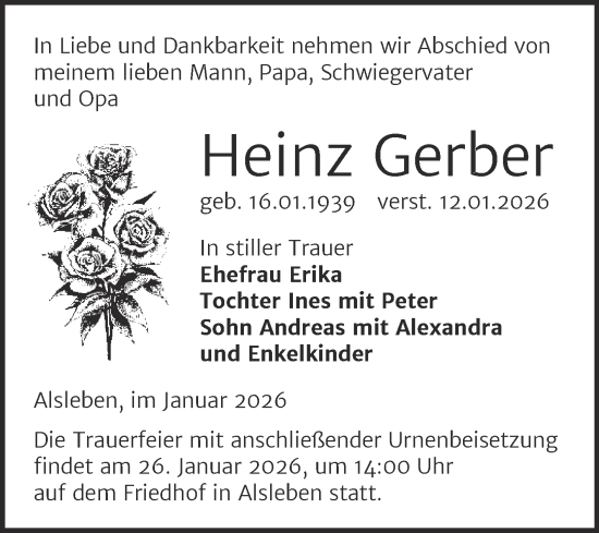 Traueranzeige von Heinz Gerber von Trauerkombi Bernburg
