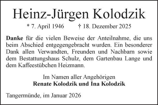 Traueranzeige von Heinz-Jürgen Kolodzik von Volksstimme Altmark Ost