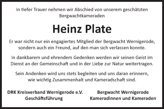 Traueranzeige von Heinz Plate von Volksstimme Wernigerode