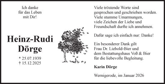 Traueranzeige von Heinz-Rudi Dörge von Volksstimme Wernigerode