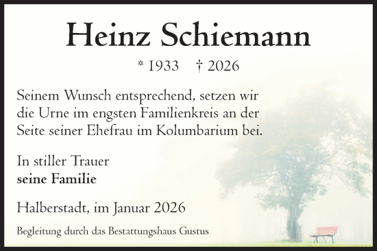 Traueranzeige von Heinz Schiemann von Volksstimme Halberstadt