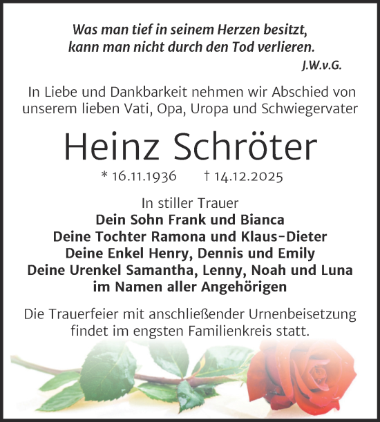 Traueranzeige von Heinz Schröter von Trauerkombi Köthen