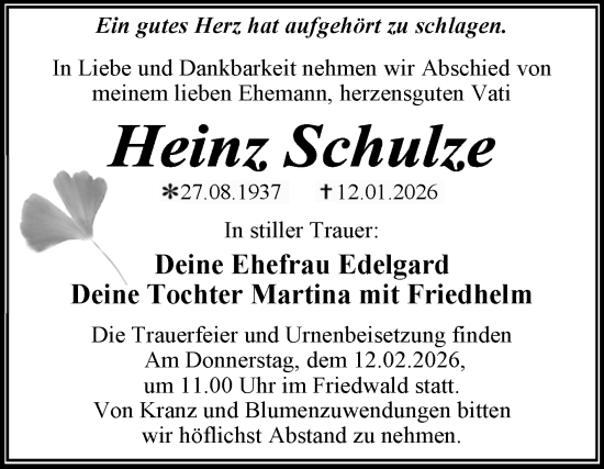 Traueranzeige von Heinz Schulze von Trauerkombi Dessau