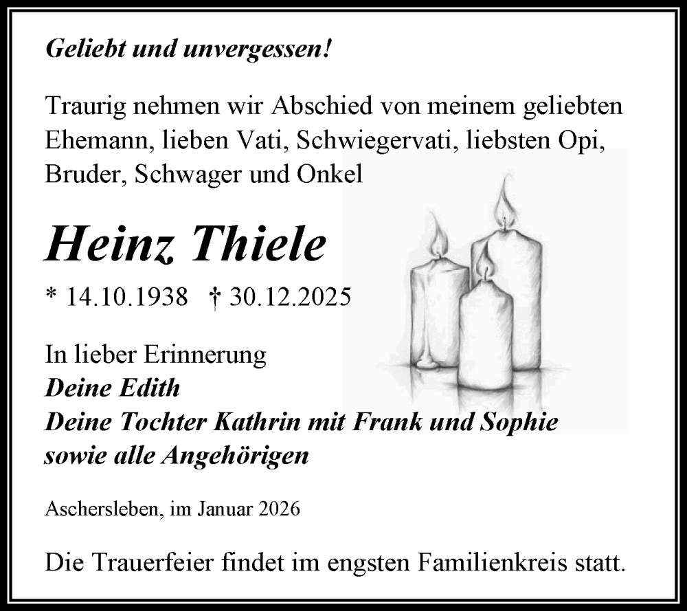  Traueranzeige für Heinz Thiele vom 10.01.2026 aus Trauerkombi Aschersleben