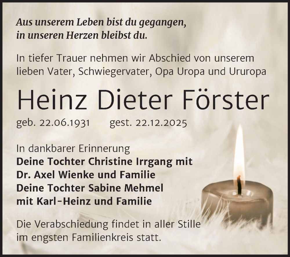  Traueranzeige für Heinz Dieter Förster vom 10.01.2026 aus Trauerkombi Sangerhausen