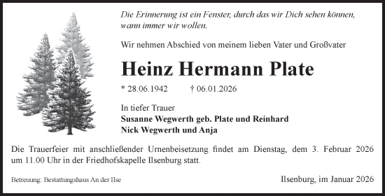 Traueranzeige von Heinz Hermann Plate von Volksstimme Wernigerode