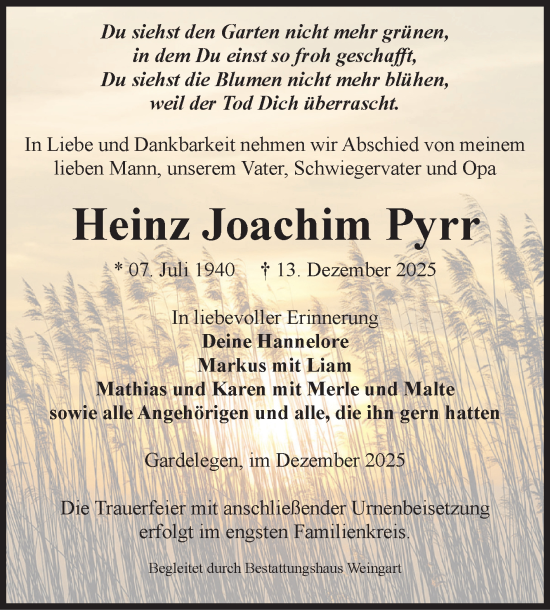 Traueranzeige von Heinz Joachim Pyrr von Volksstimme Altmark West