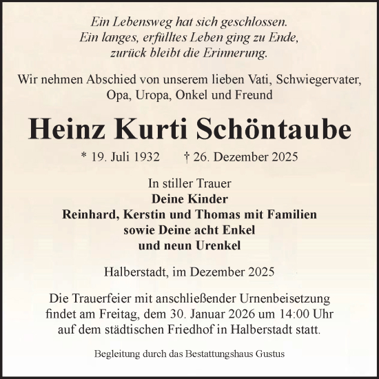 Traueranzeige von Heinz Kurti Schöntaube von Volksstimme Halberstadt