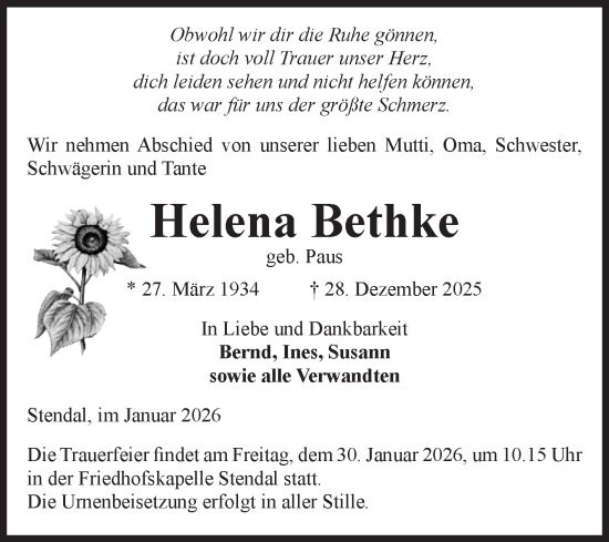 Traueranzeige von Helena Bethke von Volksstimme Altmark Ost