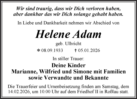 Traueranzeige von Helene Adam von Trauerkombi Dessau
