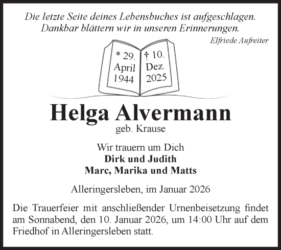 Traueranzeige von Helga Alvermann von Volksstimme Haldensleben/Wolmirstedt