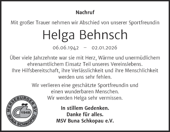 Traueranzeige von Helga Behnsch von Trauerkombi Merseburg