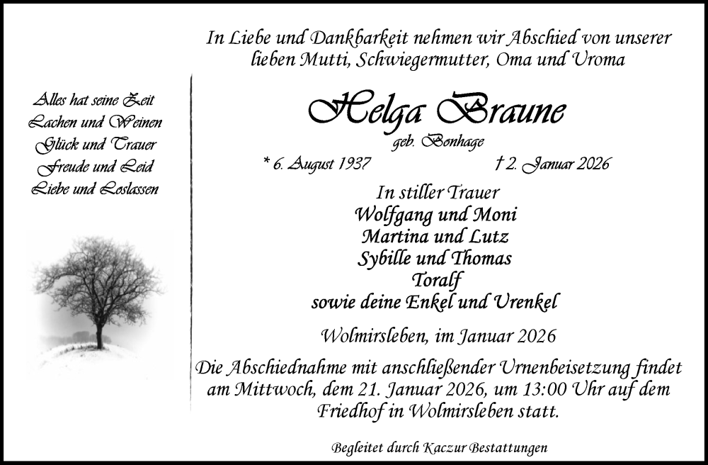  Traueranzeige für Helga Braune vom 10.01.2026 aus Volksstimme Staßfurt