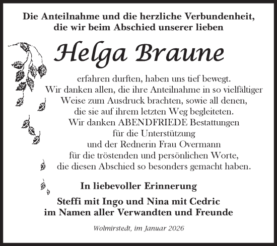 Traueranzeige von Helga Braune von Volksstimme Haldensleben/Wolmirstedt
