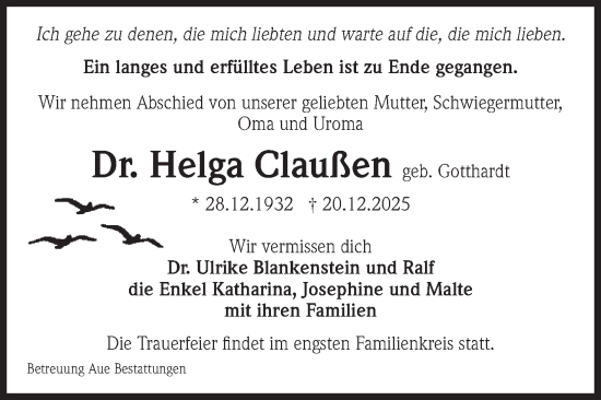 Traueranzeige von Helga Claußen von Volksstimme Magdeburg