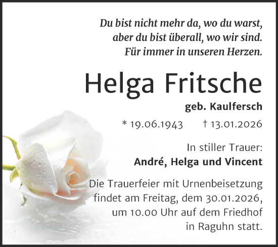 Traueranzeige von Helga Fritsche von Trauerkombi Bitterfeld