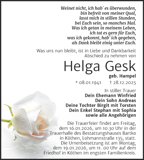 Traueranzeige von Helga Gesk von Trauerkombi Köthen