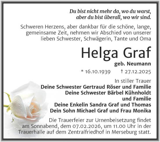 Traueranzeige von Helga Graf von Trauerkombi Merseburg