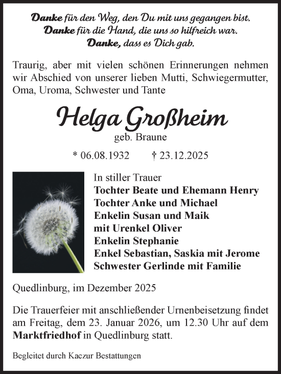 Traueranzeige von Helga Großheim von Volksstimme Halberstadt