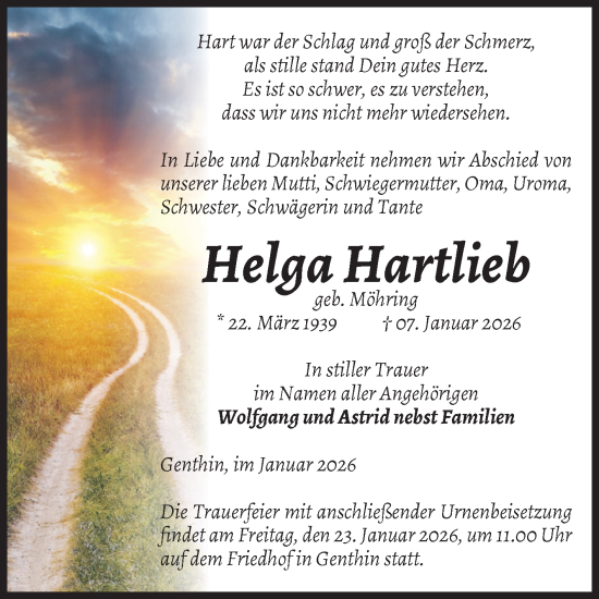 Traueranzeige von Helga Hartlieb von Volksstimme Burg/Genthin