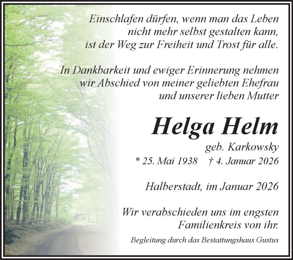  Traueranzeige für Helga Helm vom 10.01.2026 aus Volksstimme Halberstadt