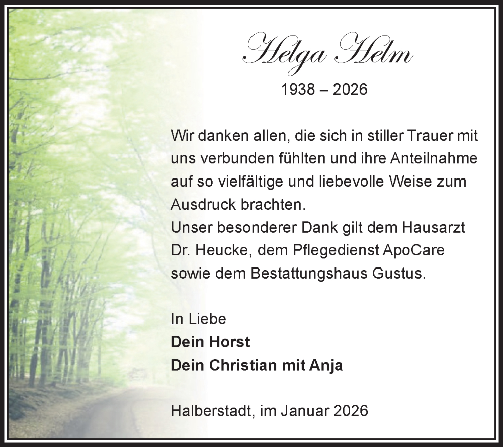  Traueranzeige für Helga Helm vom 31.01.2026 aus Volksstimme Halberstadt
