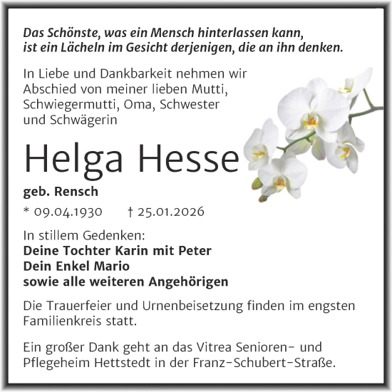 Traueranzeige von Helga Hesse von Trauerkombi Mansfelder Land