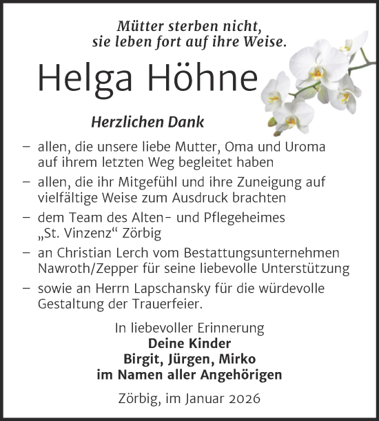 Traueranzeige von Helga Höhne von Trauerkombi Bitterfeld