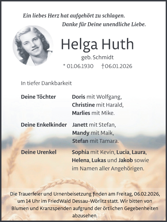 Traueranzeige von Helga Huth von Trauerkombi Wittenberg