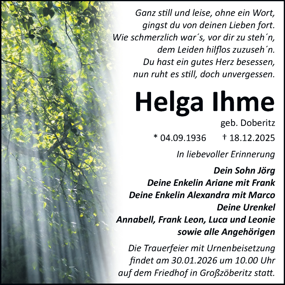  Traueranzeige für Helga Ihme vom 03.01.2026 aus Trauerkombi Bitterfeld