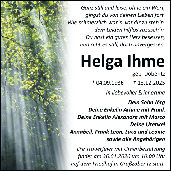 Traueranzeige von Helga Ihme von Trauerkombi Bitterfeld