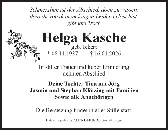 Traueranzeige von Helga Kasche von Volksstimme Magdeburg